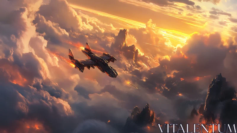 Digital painting of starfighter diving through radiant storm clouds.