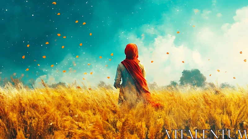 Figure in wheat field under vivid turquoise sky.