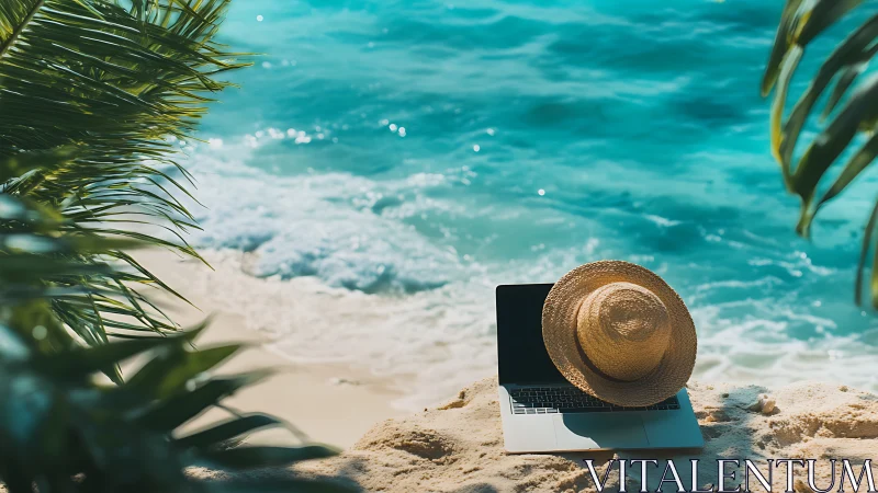 Remote work meets tropical paradise at pristine beach shore.