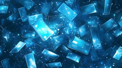 Glowing digital credit cards drift through a luminous data void