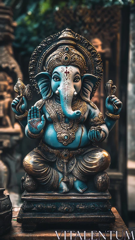 Turquoise Ganesh idol with ornate gilt crown and ritual objects