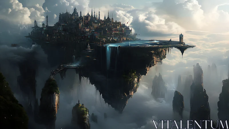Floating citadel and waterfalls crown a cloud-suspended plateau