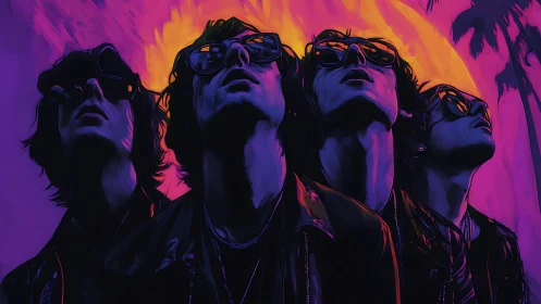 Neon-soaked quartet tilt their sunglasses toward a burning sky