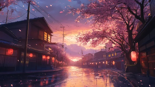 Evening street with cherry blossoms and lantern-lit buildings.