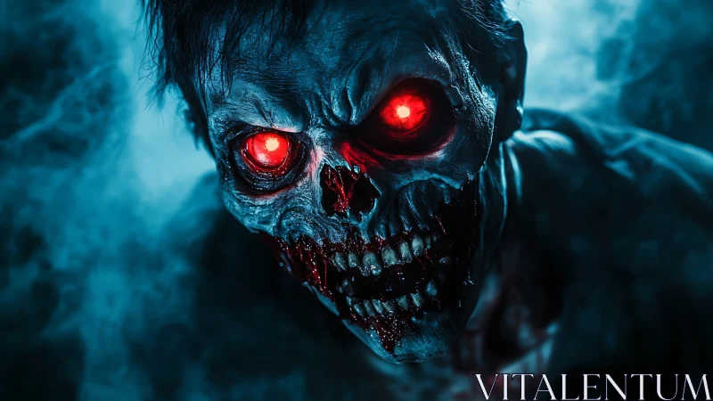 Undead skull creature with luminous red eyes in volumetric fog