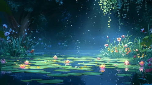 Moonlit lily pond glows with luminous enchanted stillness.