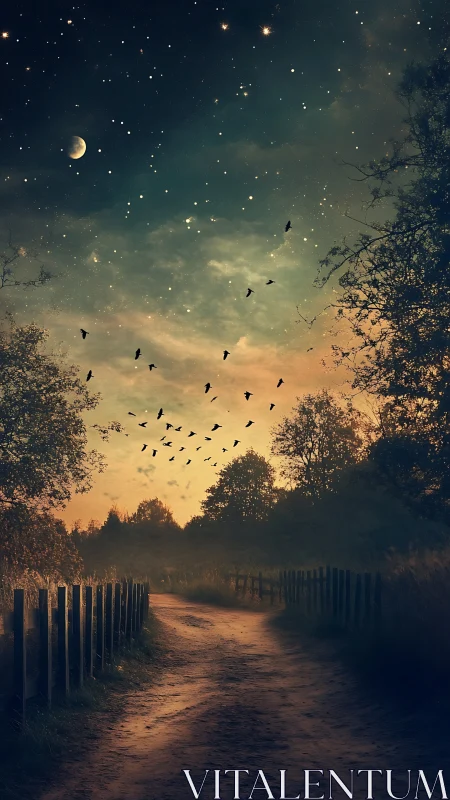 Curved dirt path extends between fenced fields under starry sky