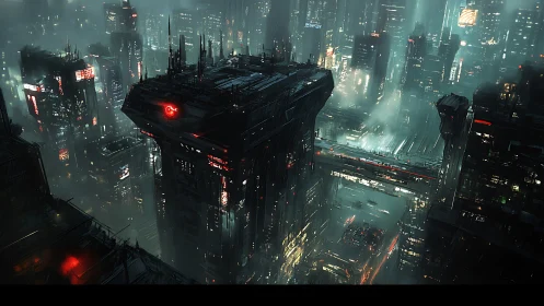 Cyberpunk megastructure skyline with neon transit bridges.