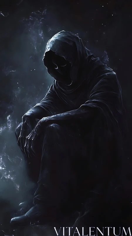 Brooding void wanderer draped in whispering cosmic dusk.