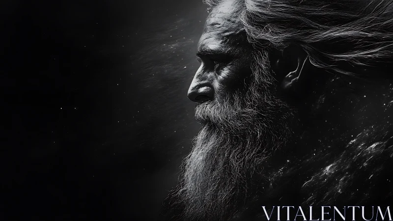 Cosmic elder portrait in stark monochrome profile view.
