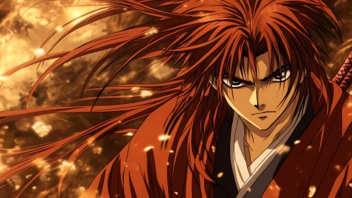 Fiery anime swordsman glares forward in blazing embers
