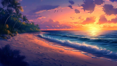 Sunset surf paints tropical sands with glowing whispers