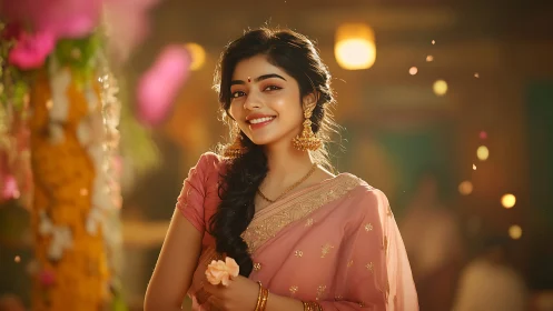 Festive bokeh portrait of woman in embroidered saree lighting.