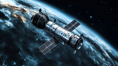 Orbital space telescope with solar arrays circles Earth