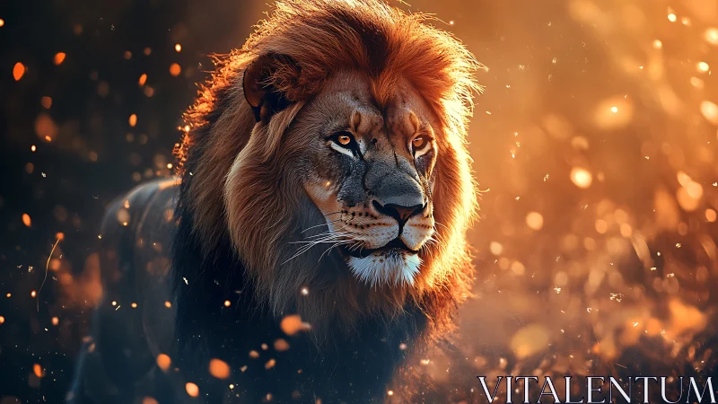 Majestic lion walks through glowing embers at golden dusk