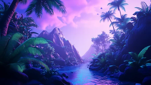 Luminescent canyon landscape beneath violet sky.