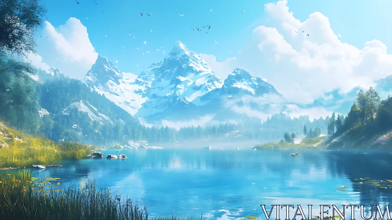 Glacial alpine basin with mirrorlike lake under volumetric cloudfield.