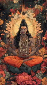 Meditating four-armed deity in lotus pose amid rich florals.