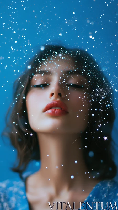 Defocused starfield overlay surrounds serene portrait in cool bokeh
