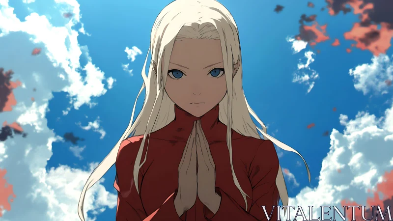 Blonde character in red garment under expansive clouded sky.