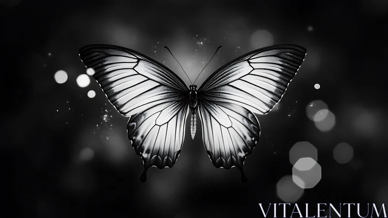 Monochrome butterfly rendered with high-contrast bokeh lighting effects