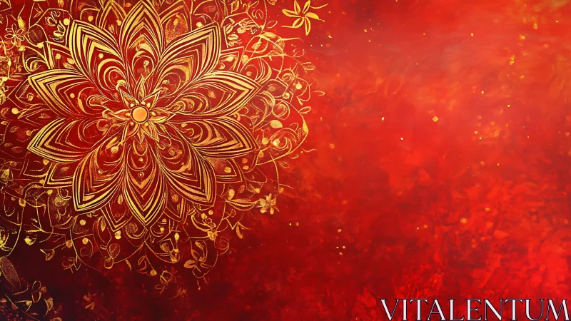 Golden mandala blooms over rich textured crimson field.