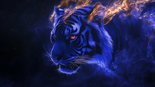 Neon blue tiger portrait with ethereal flame accents rendering.
