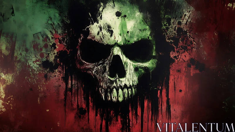 Skull silhouette in abstract red and green splattered field.