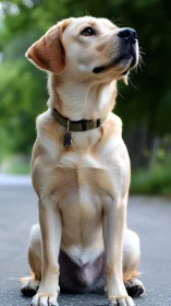Canine posture study of attentive yellow Labrador on path.