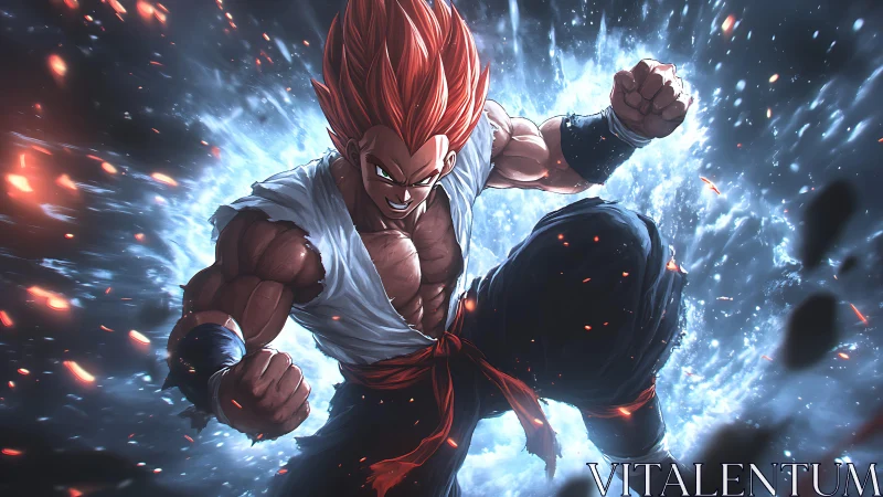 Explosive red‑haired warrior lunges through luminous energy field.
