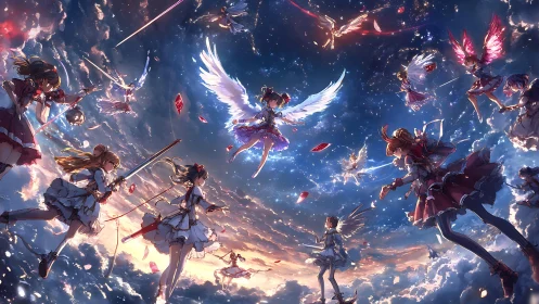 Winged magical girls clash in a radiant celestial sky