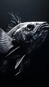 High-contrast monochrome render shows detailed fish profile