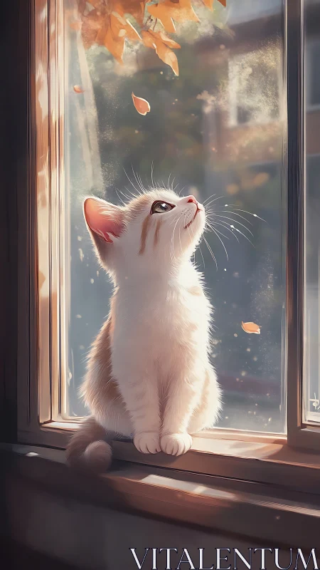 White cat sits on windowsill watching autumn leaves fall