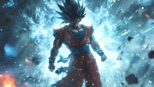 Energy-charged warrior strides through explosive blue aura