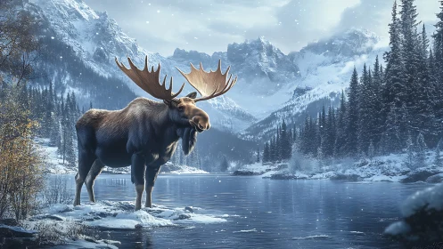Majestic winter moose holding court by a glassy alpine lake.