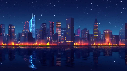 Starry night city skyline glowing over calm water.