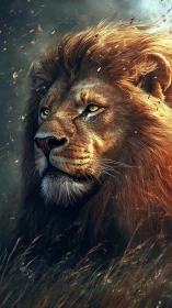 Digital painting portrait of a lion in dramatic side lighting.