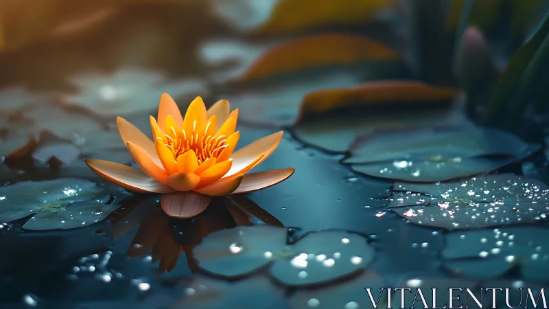 Golden water lily glowing softly on a tranquil pond.