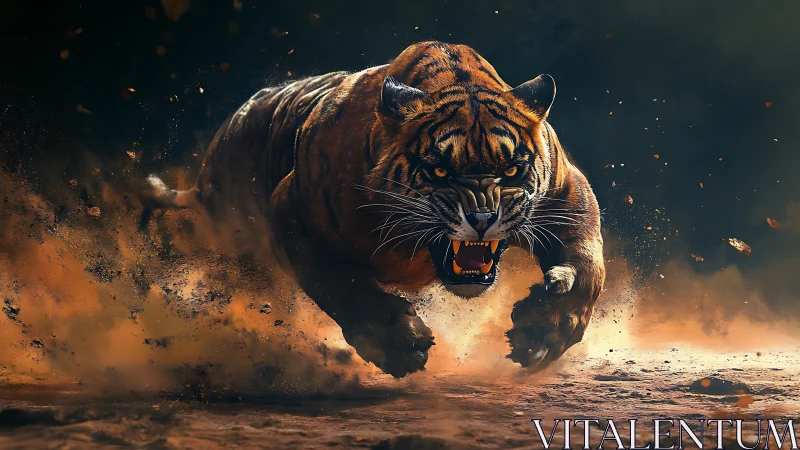 Digital rendering shows tiger sprinting through airborne dust