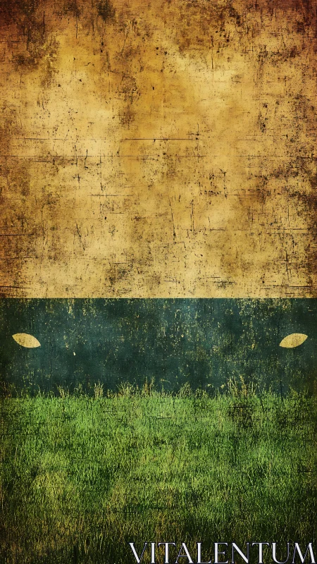 Grunge textured field with horizontal bands and foliage shapes.