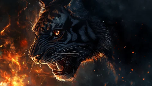 Ember-fanged tiger roaring through charcoal stormfire.