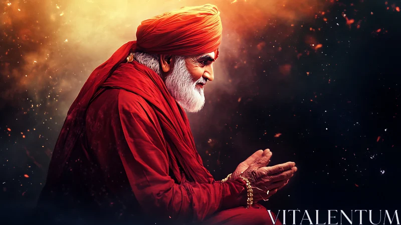 Elderly man in red robe against dark glowing backdrop.