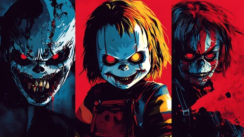 Three demonic clown dolls stare forward with glowing eyes