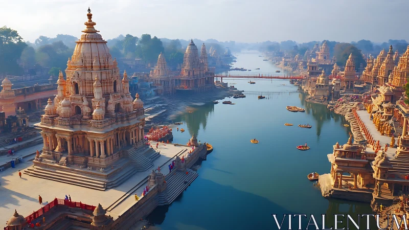 Golden riverside temples glowing in soft morning light.