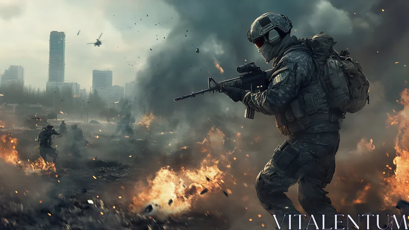 Urban fireline warrior strides through smoke and embers.