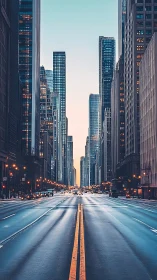 Symmetrical urban avenue reveals receding high-rise corridor at dusk