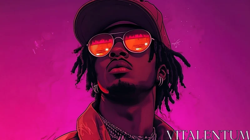 Chromatic neon portrait of stylized hip hop figure in profile.