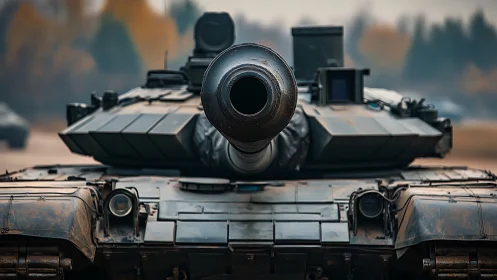 Armored battle tank advances through misty training ground