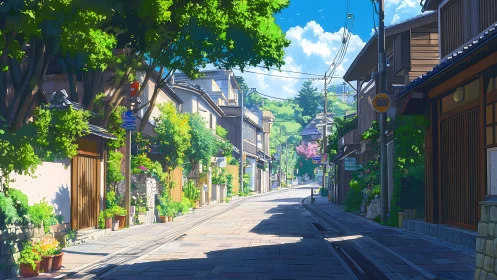 Sunlit residential street extends toward distant hillside buildings