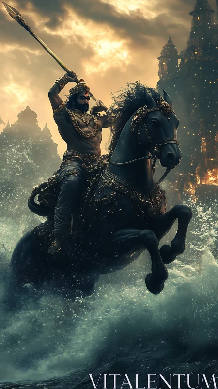 Armored rider on black horse crossing turbulent water.